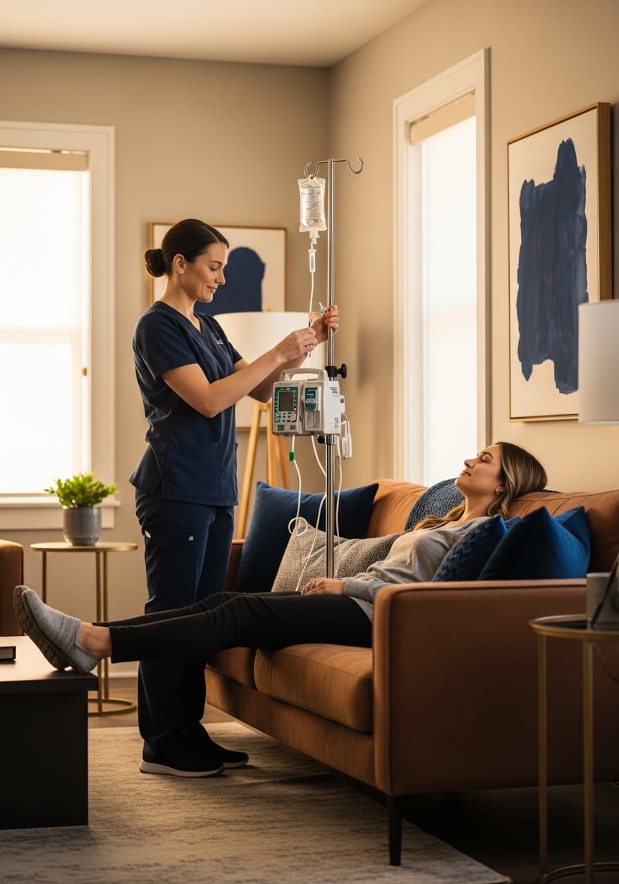 Mobile IV therapy nurse setting up drip for home visit in Los Angeles