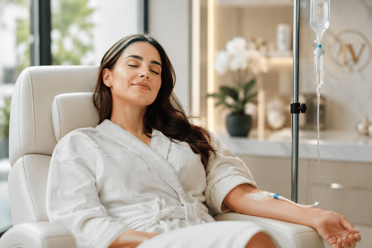 A woman relaxing during IV therapy at My IV Therapy Club in Glendale